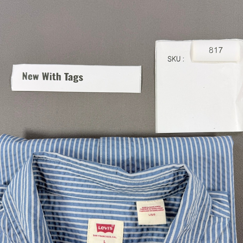 Levi's Mens L Blue White Cotton Blend Relaxed Striped Short Sleeve Shirt New - Picture 8 of 11